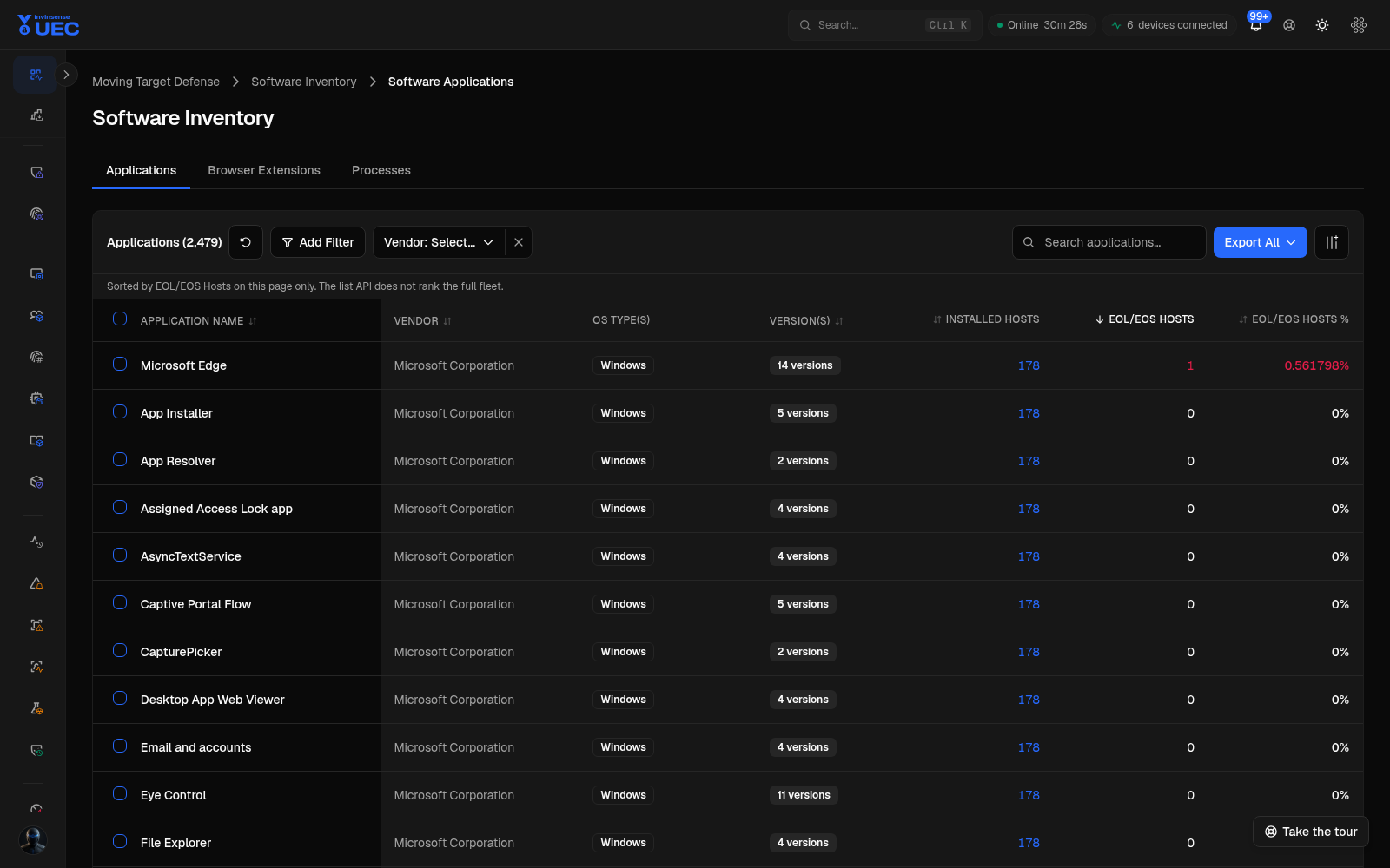 AMTD Software Inventory in dark mode
