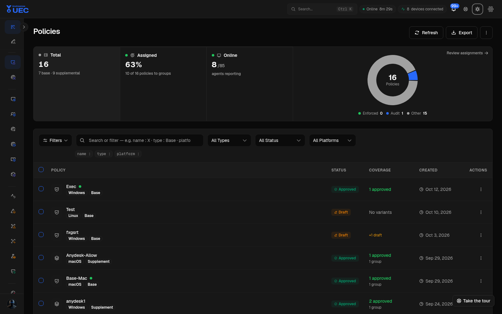 Policy list in dark mode