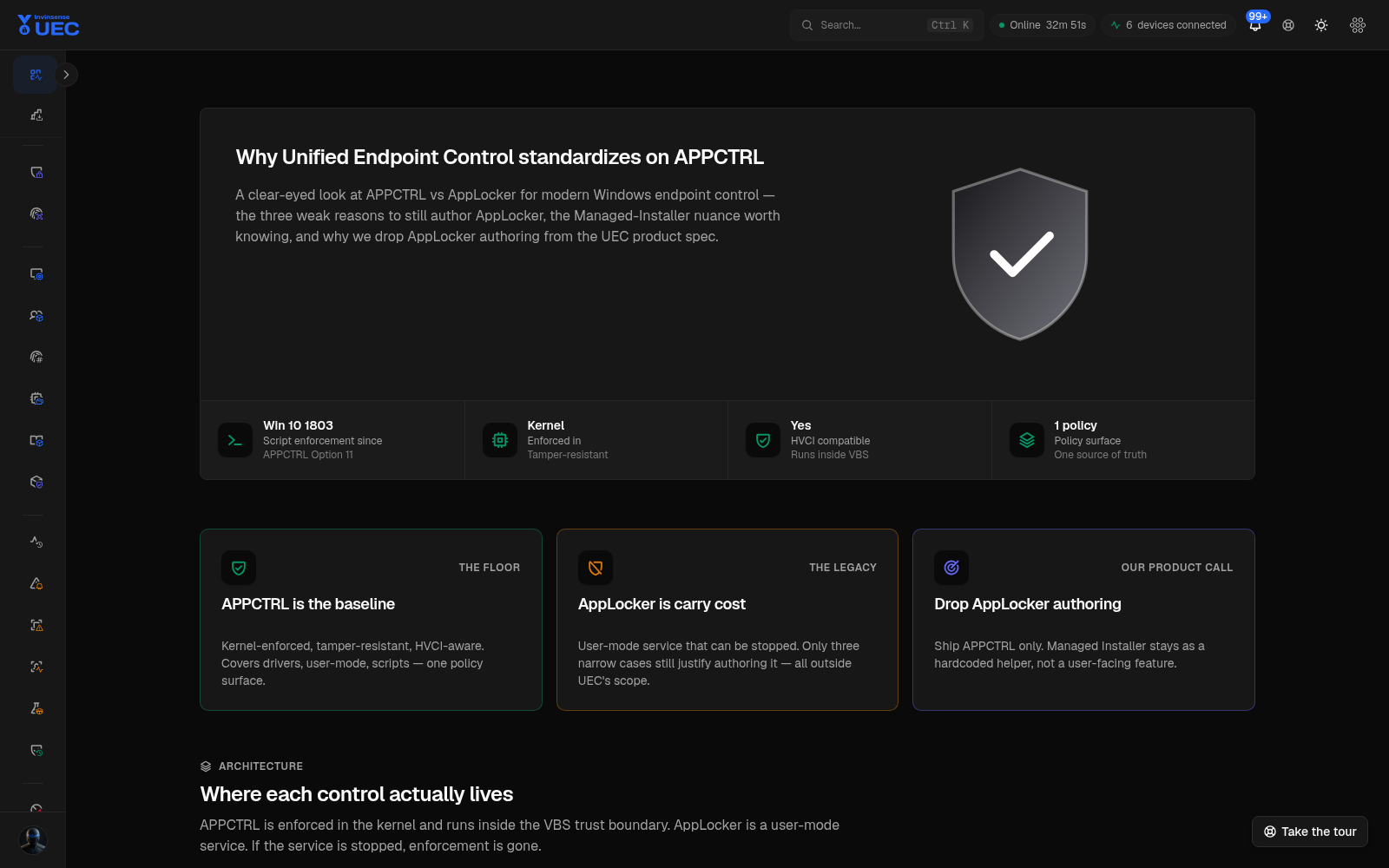App Control versus AppLocker learning page in dark mode
