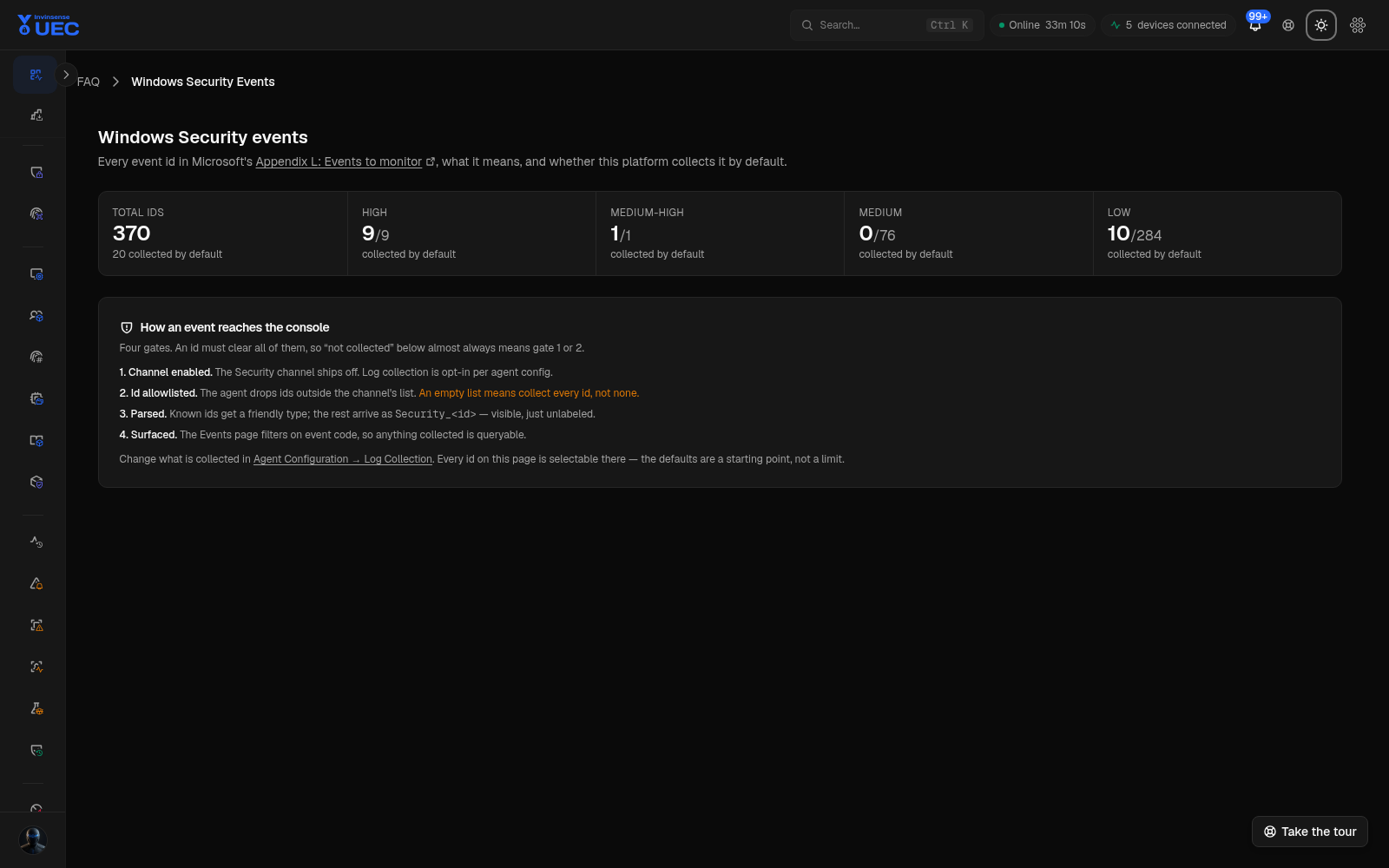 Windows security events learning page in dark mode