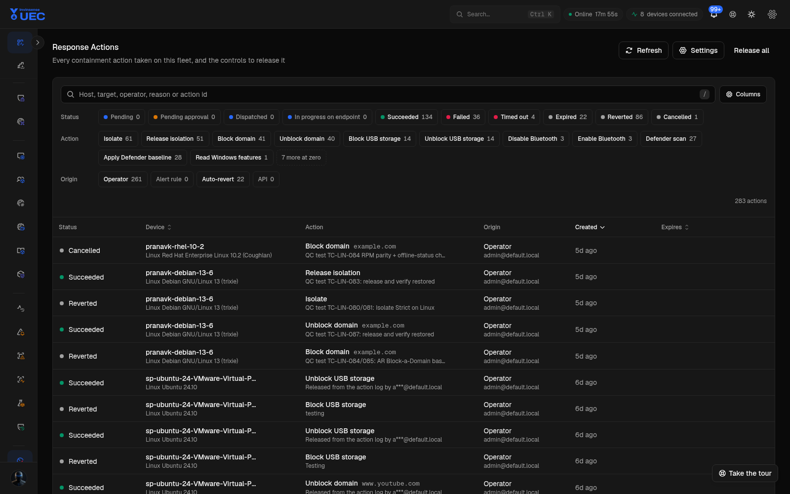 Response Actions in dark mode