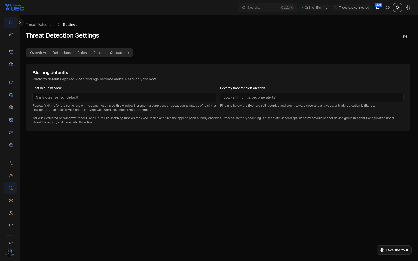 Threat Detection settings in dark mode