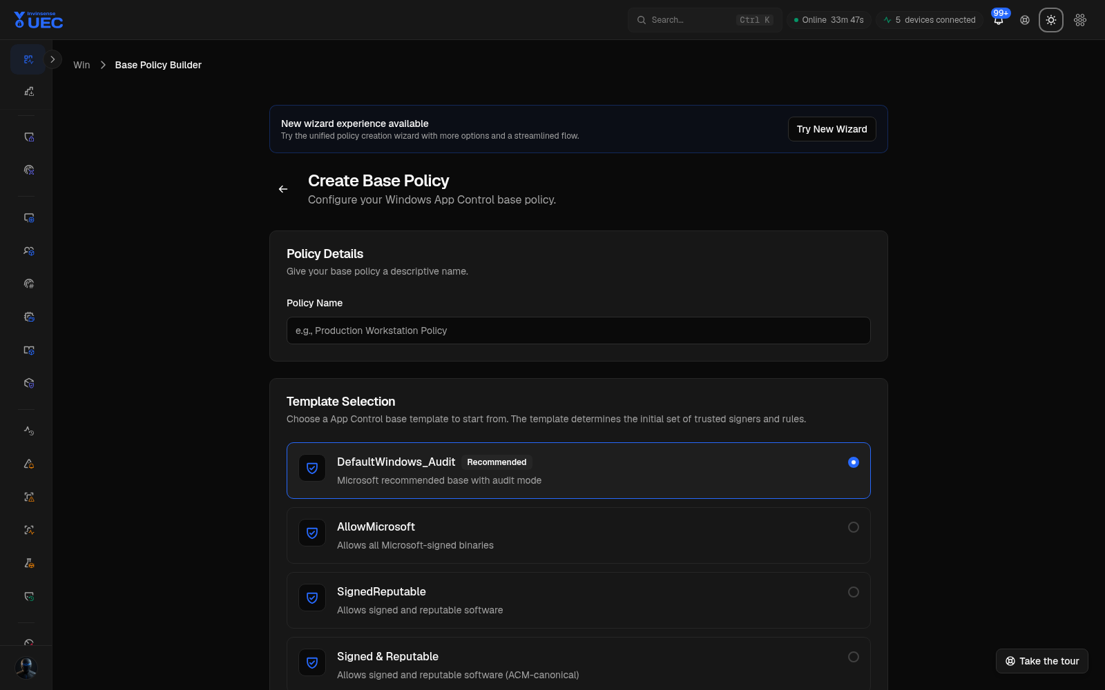 Windows base policy builder in dark mode