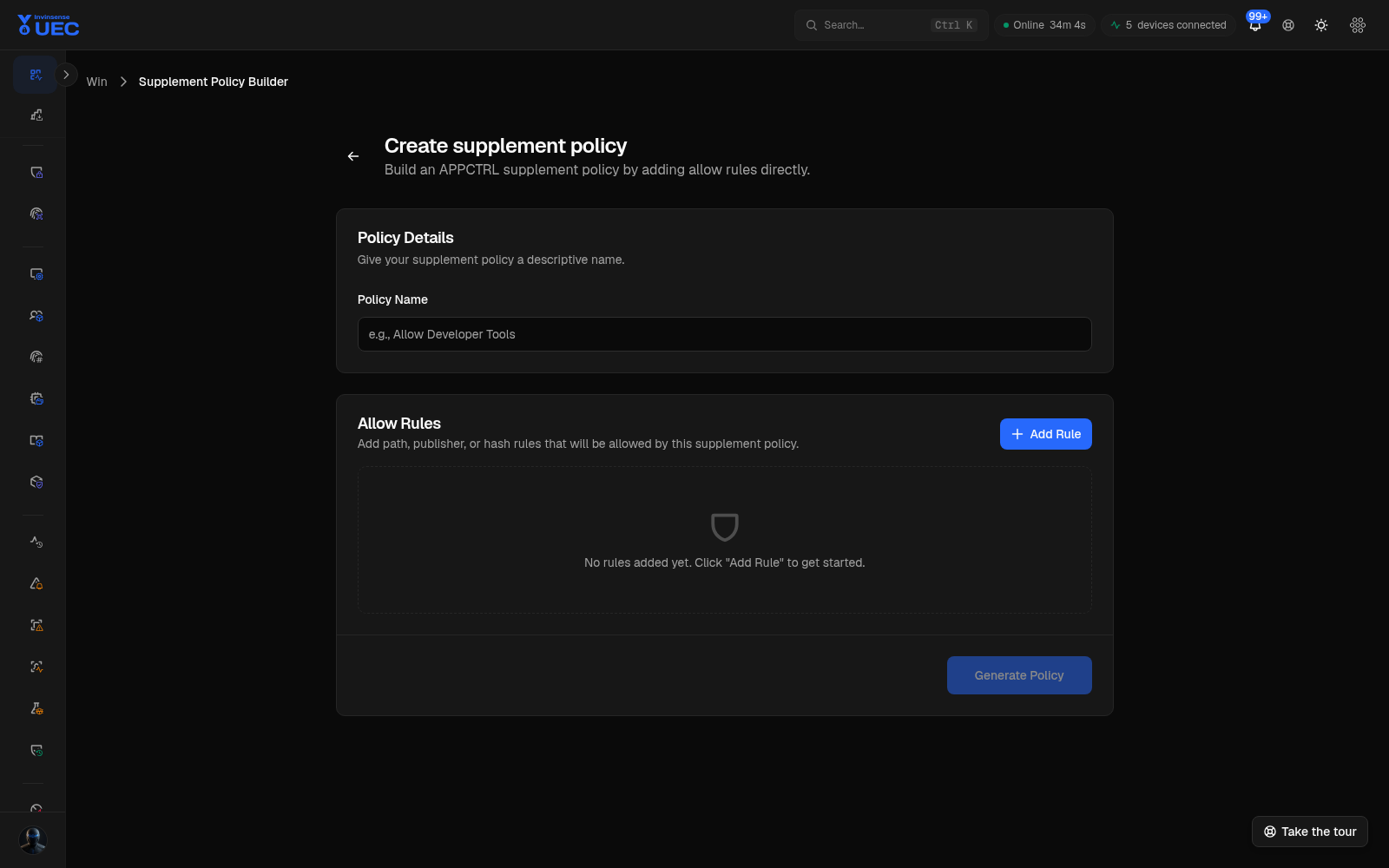 Windows supplemental policy builder in dark mode