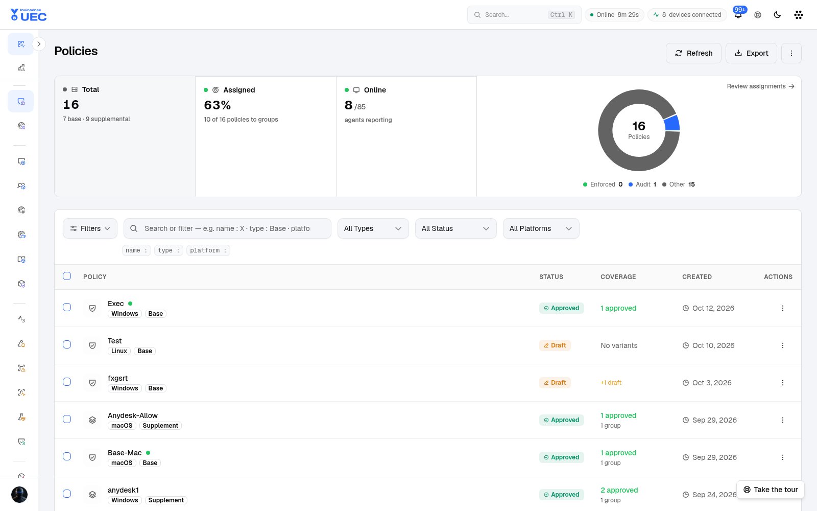 Policy list in light mode