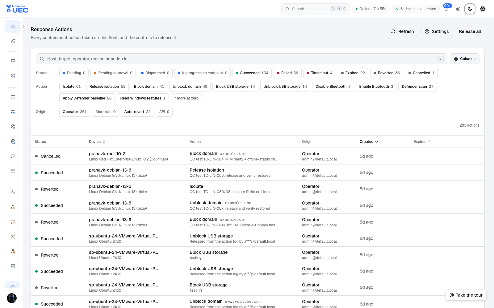 Response Actions in light mode