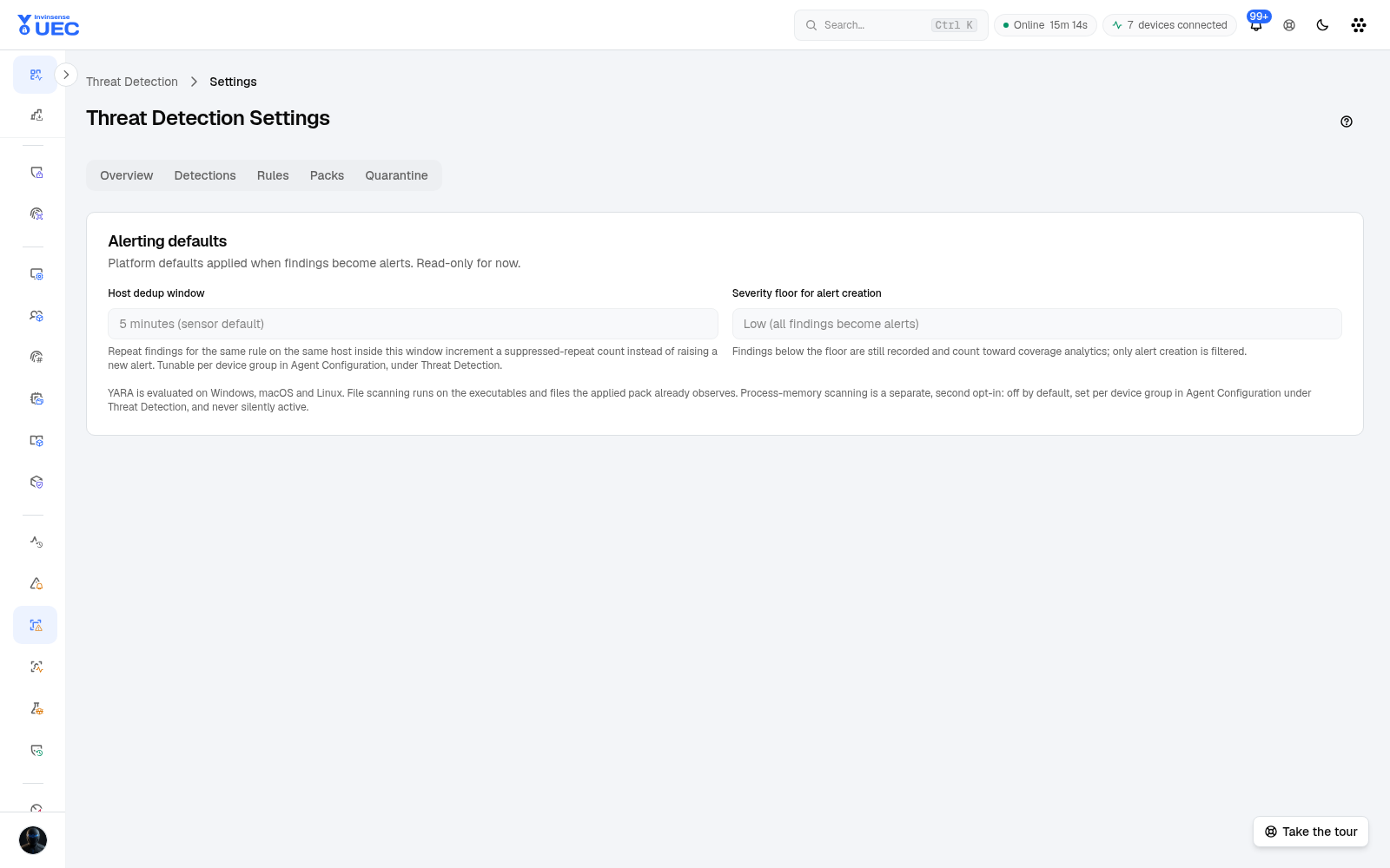 Threat Detection settings in light mode