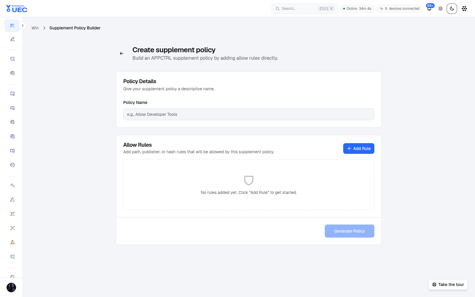 Windows supplemental policy builder in light mode